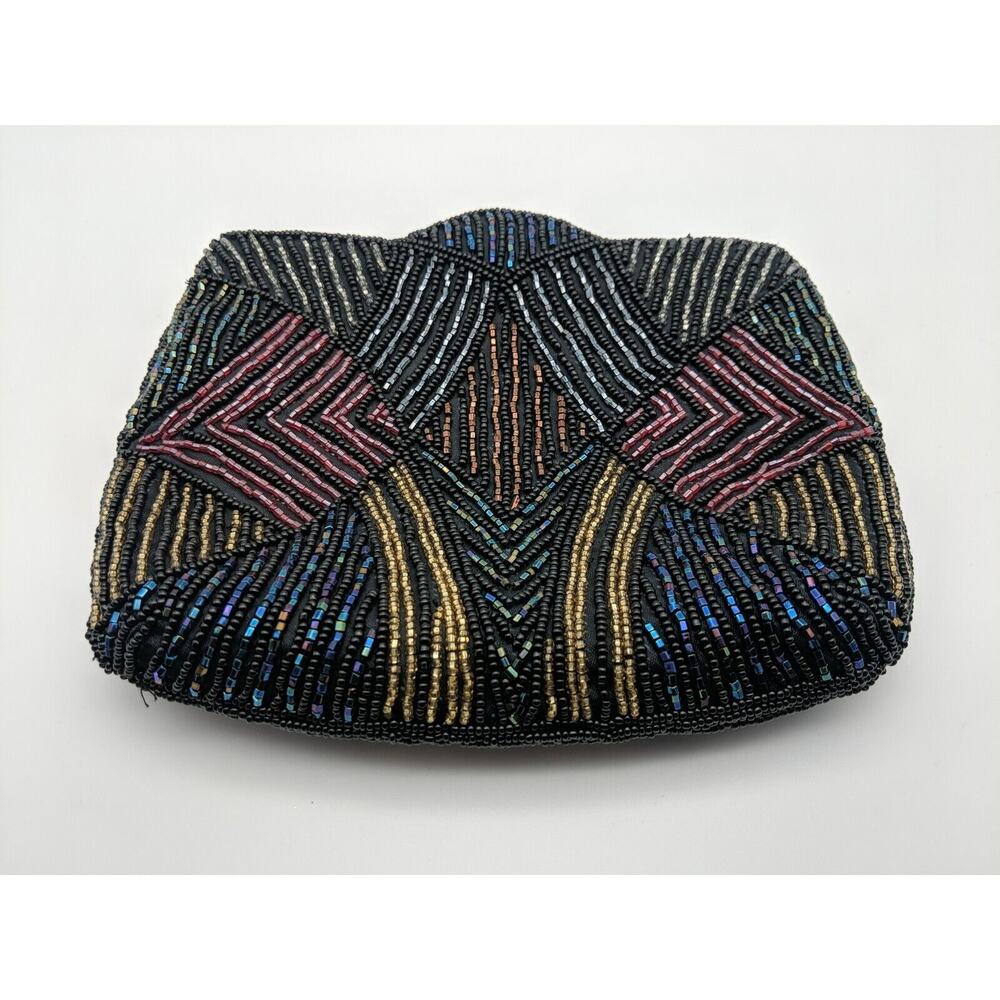 Carla Marchi Muli-Color Beaded Black Clutch Purse Missing Strap